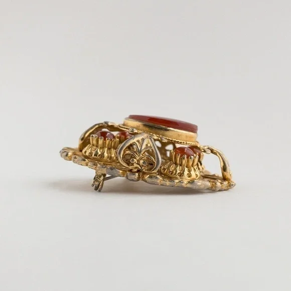 Vintage Sphinx Brooch Pin Red Poured Glass & Cabochon Rococo Baroque Style A530 - Picture 9 of 13